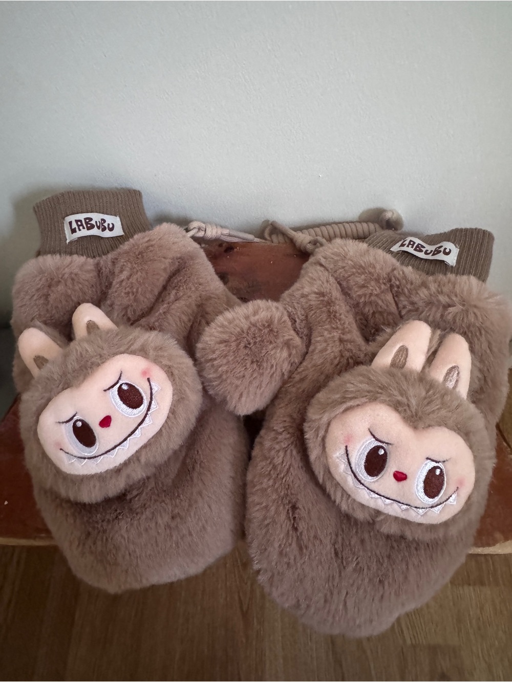 POPMART Labubu Brown Plush Women's Mittens with Character Face